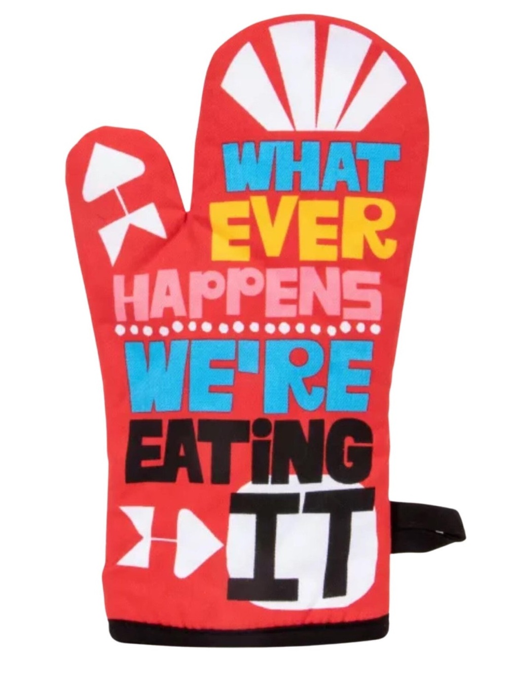 Blue Q Red Oven Mitt with Bold Multicolor Slogan